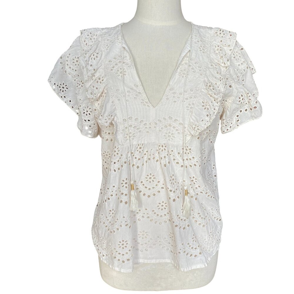 Nicole Miller Artelier Eyelet Top Ecru Ruffle Tassel Cottage Euro Summer Coast-L